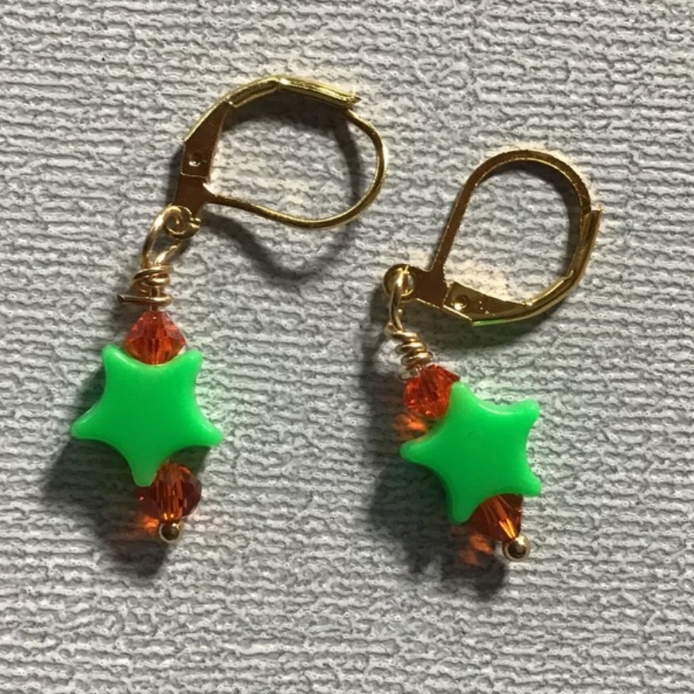 COPY - 🌟🍊 Green Stars with Orange Crystal: Minimalist Earrings 🍊🌟